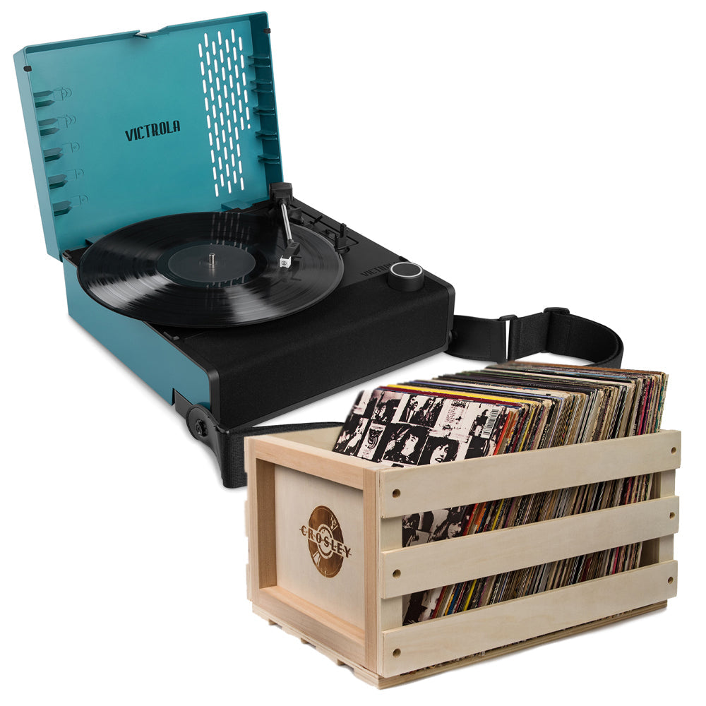 Victrola Revolution Go Turntable - Blue + Bundled Record Storage Crate V398-VTR-750SB-BLU-BSC