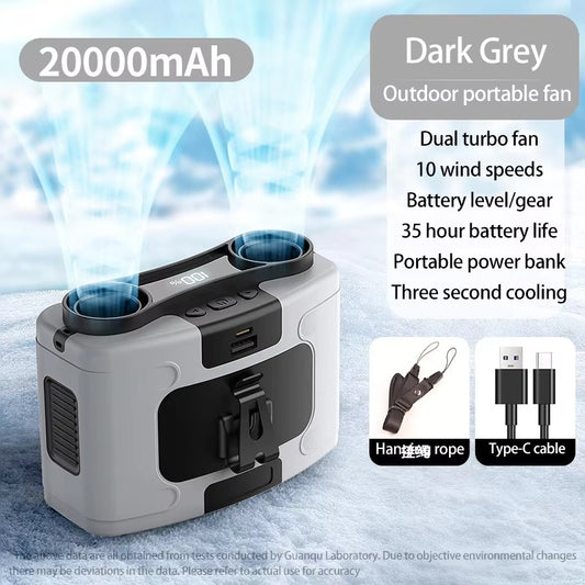 20000mAh Outdoor Portable Waist Fan Hanging Neck Fan Strong Wind with Power Bank LED Lighting for Sports V413-20K-FAN-GREY