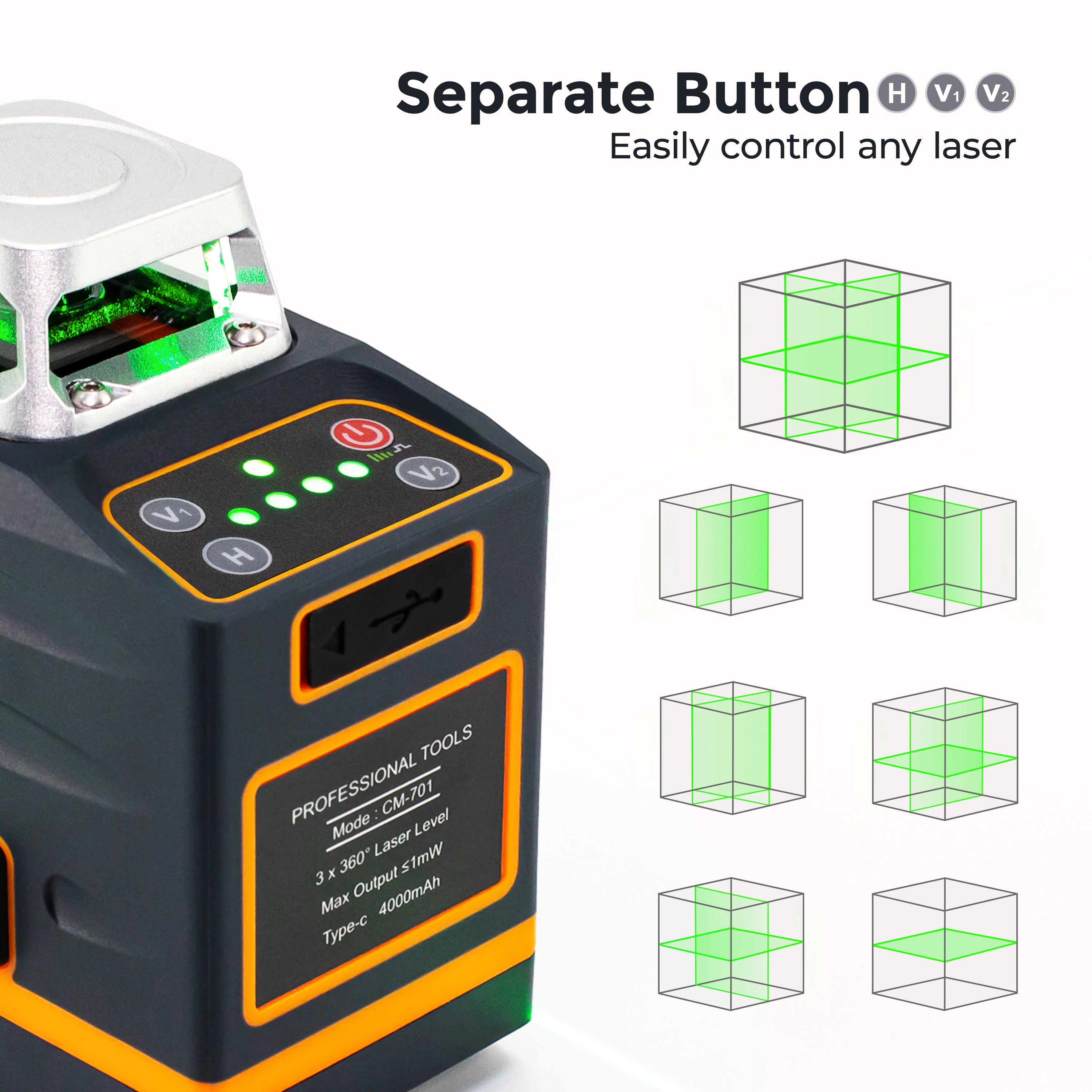 CIGMAN Laser Level Self Leveling 3x360 degrees 3D Green Cross Line for Construction and Picture Hanging, V413-CM-701