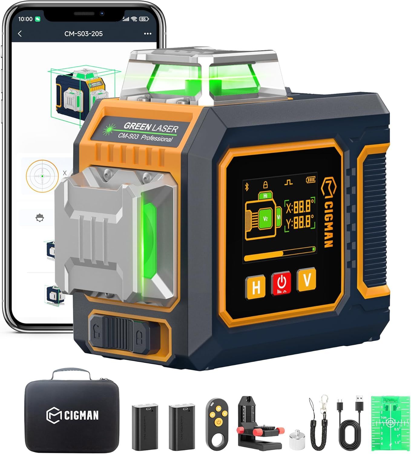 CIGMAN Green Laser Level, 3x360 degrees Side LCD 12-Line Self-Leveling, Bluetooth App Remote, Pulse Mode for V413-CMS03