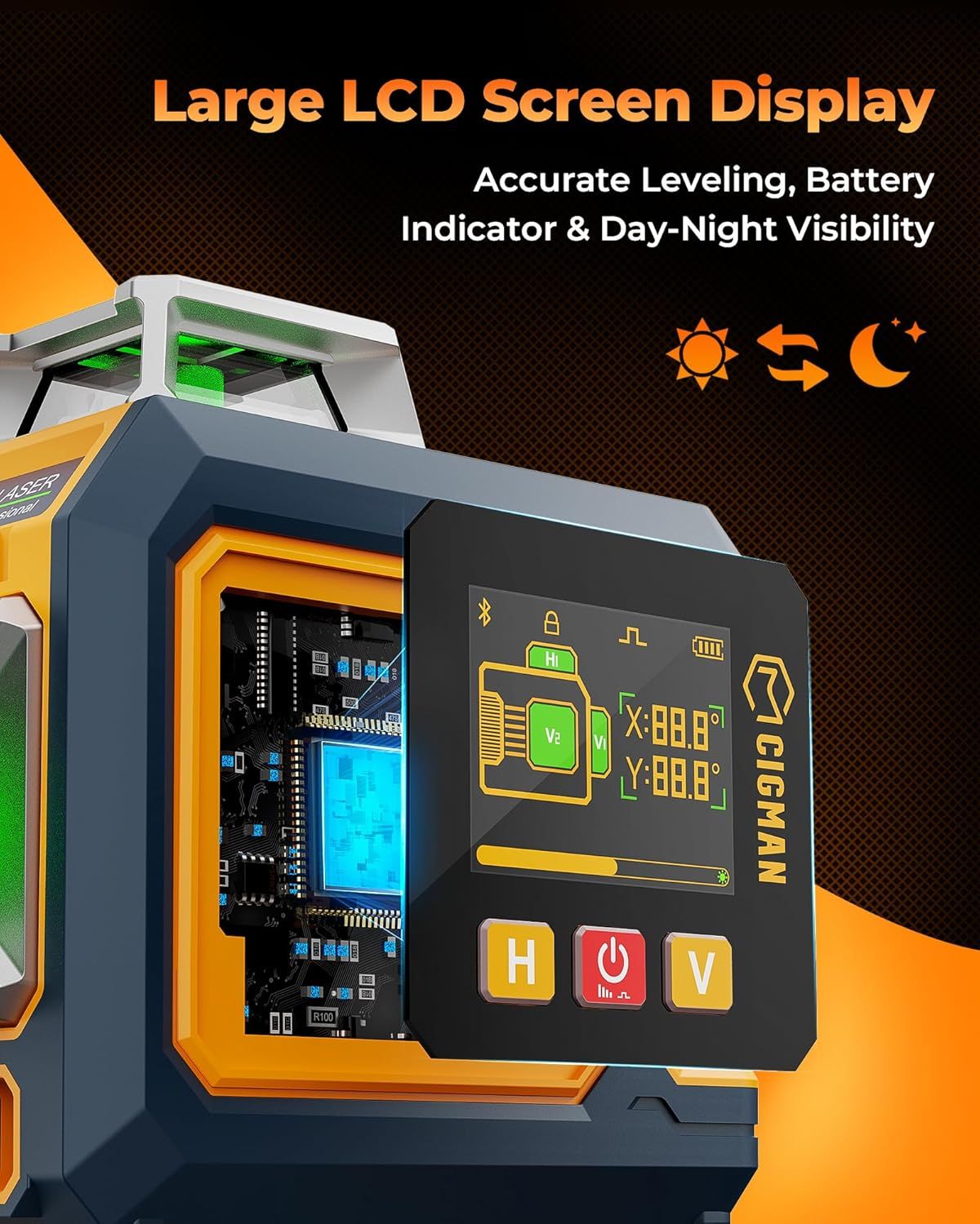 CIGMAN Green Laser Level, 3x360 degrees Side LCD 12-Line Self-Leveling, Bluetooth App Remote, Pulse Mode for V413-CMS03