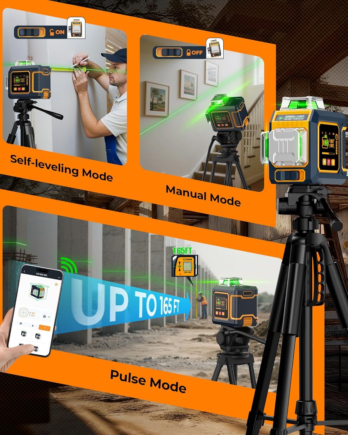 CIGMAN Green Laser Level, 3x360 degrees Side LCD 12-Line Self-Leveling, Bluetooth App Remote, Pulse Mode for V413-CMS03