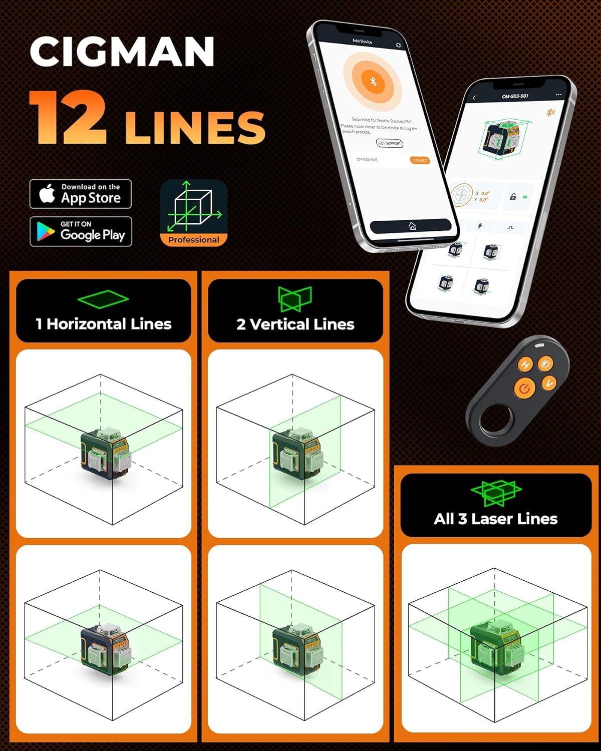 CIGMAN Green Laser Level, 3x360 degrees Side LCD 12-Line Self-Leveling, Bluetooth App Remote, Pulse Mode for V413-CMS03