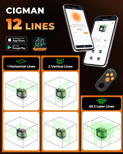 CIGMAN Green Laser Level, 3x360 degrees Side LCD 12-Line Self-Leveling, Bluetooth App Remote, Pulse Mode for V413-CMS03