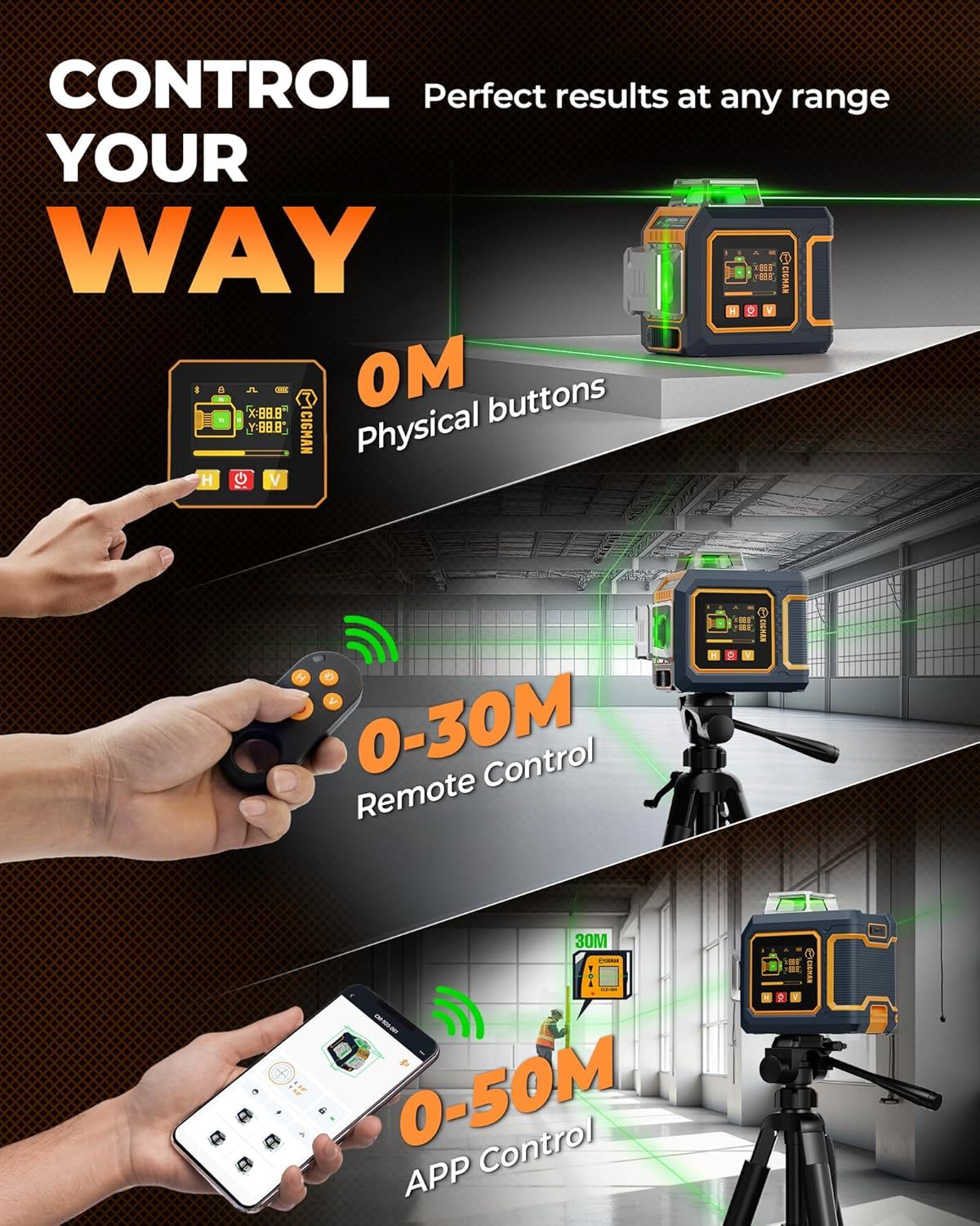 CIGMAN Green Laser Level, 3x360 degrees Side LCD 12-Line Self-Leveling, Bluetooth App Remote, Pulse Mode for V413-CMS03