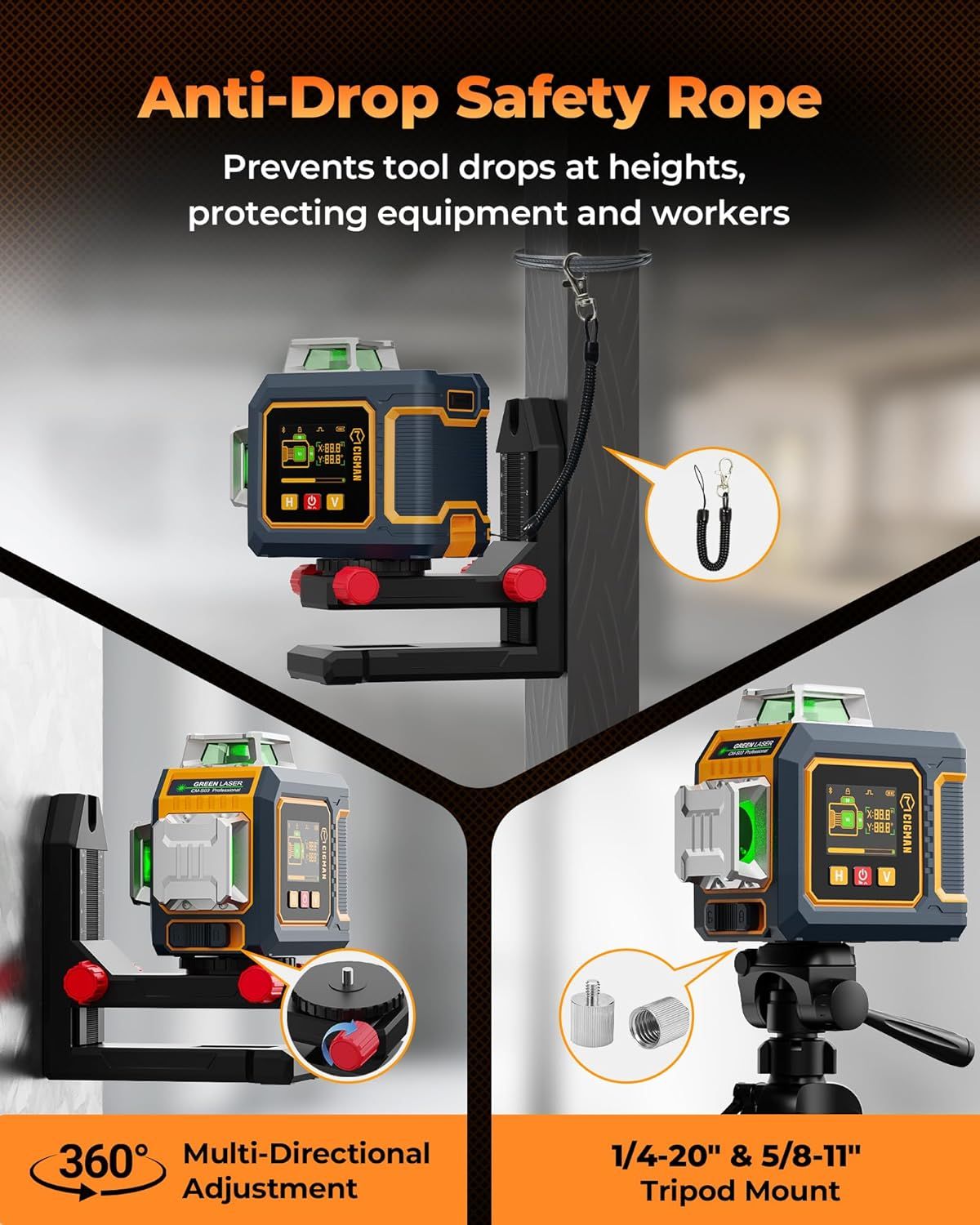 CIGMAN Green Laser Level, 3x360 degrees Side LCD 12-Line Self-Leveling, Bluetooth App Remote, Pulse Mode for V413-CMS03