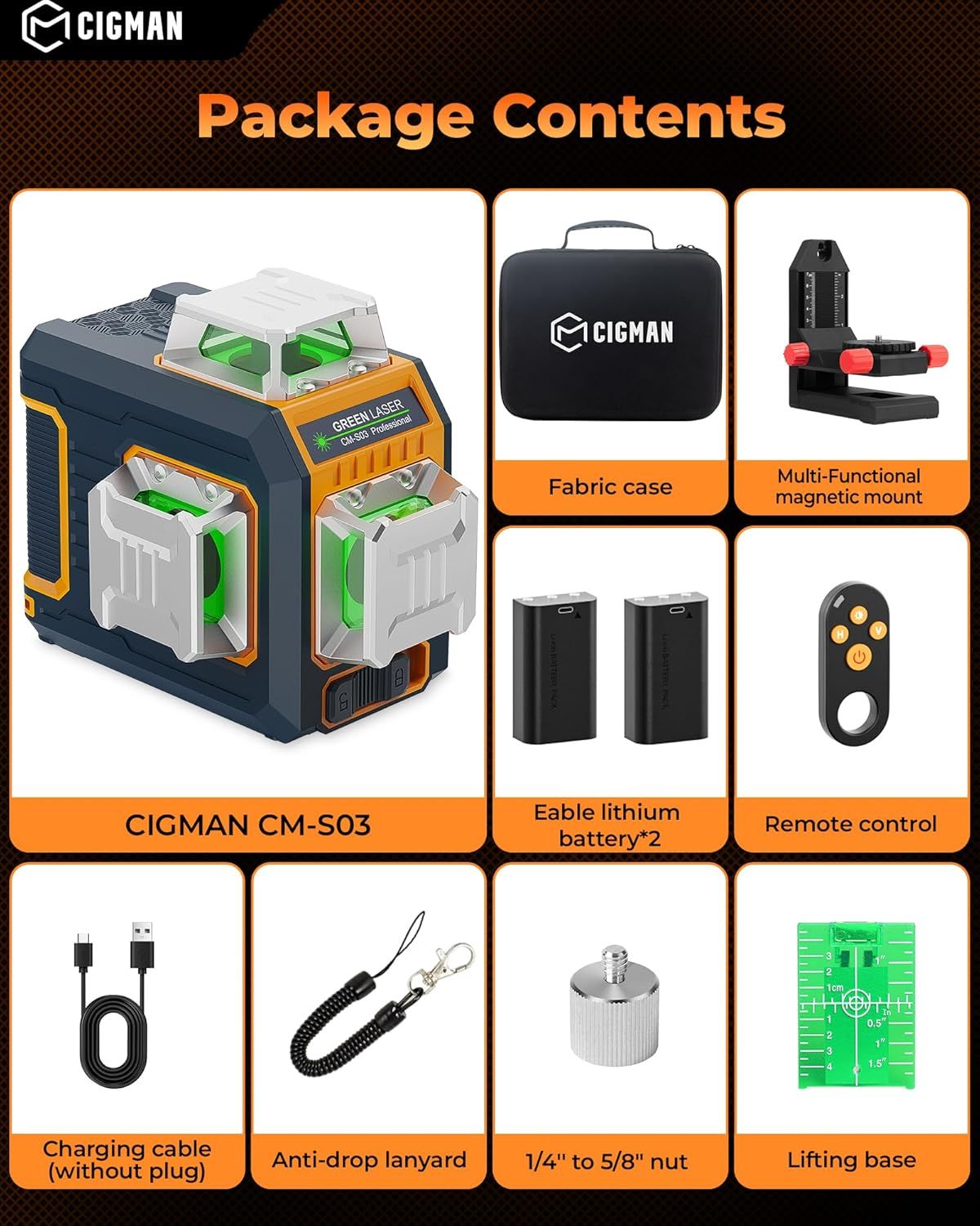 CIGMAN Green Laser Level, 3x360 degrees Side LCD 12-Line Self-Leveling, Bluetooth App Remote, Pulse Mode for V413-CMS03