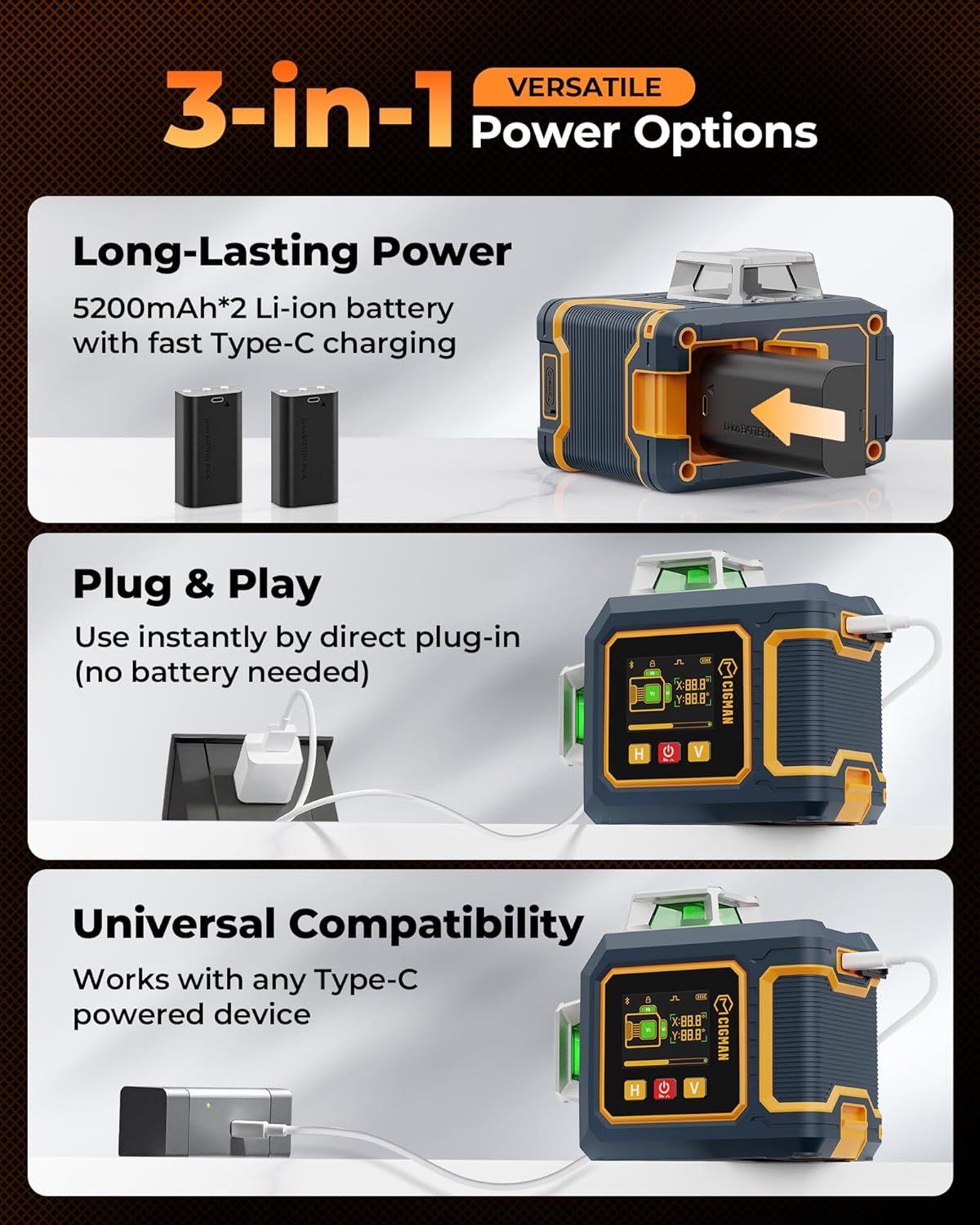 CIGMAN Green Laser Level, 3x360 degrees Side LCD 12-Line Self-Leveling, Bluetooth App Remote, Pulse Mode for V413-CMS03