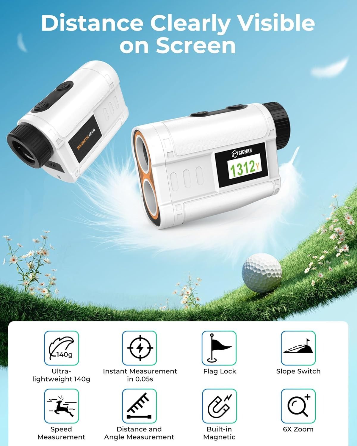 Golf Rangefinder with Slope, CIGMAN 1312 Yards Range Finder Golf, External Color Display, Flag Lock V413-CT-1200