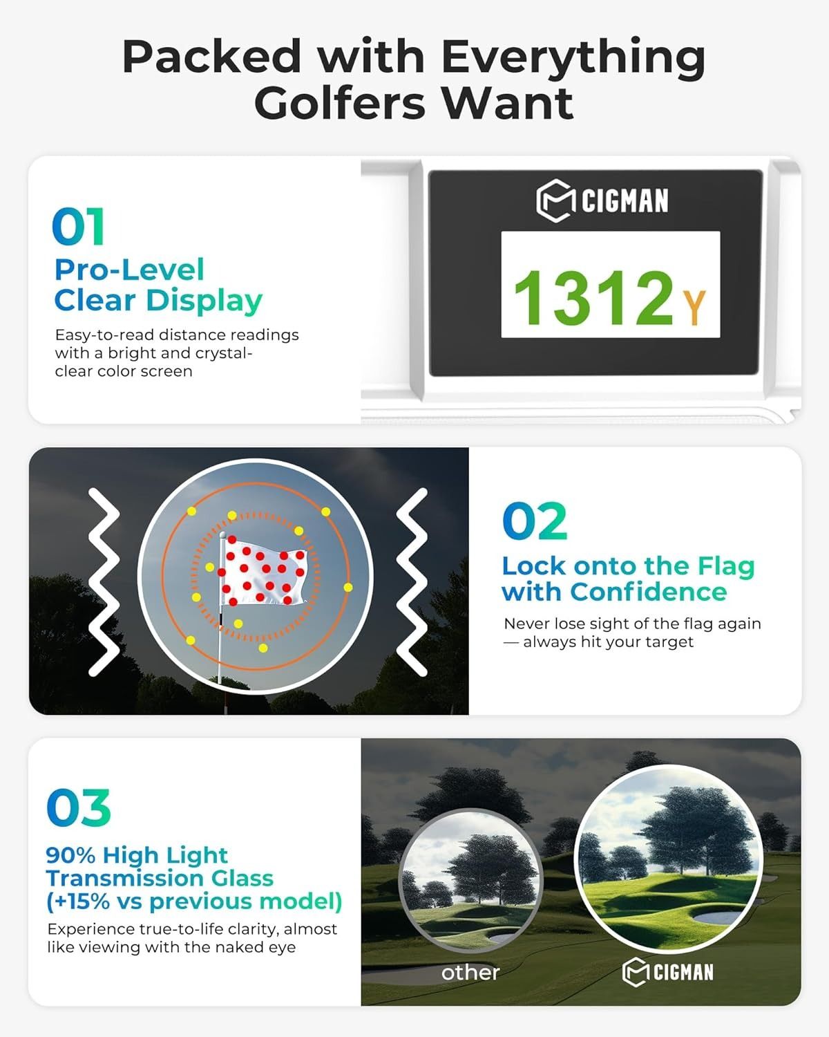 Golf Rangefinder with Slope, CIGMAN 1312 Yards Range Finder Golf, External Color Display, Flag Lock V413-CT-1200