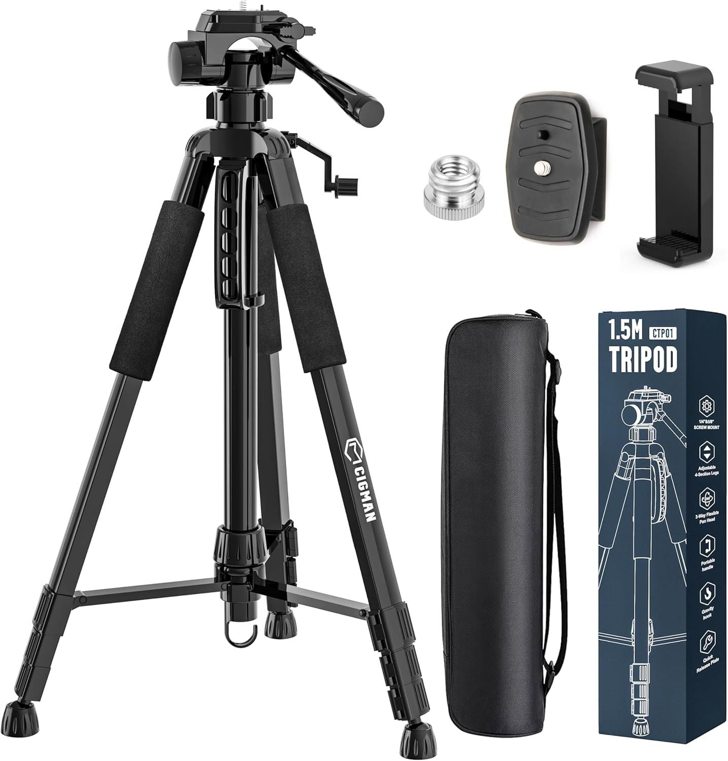 CIGMAN 59-inch Lightweight Adjustable Laser Level Tripod with 3-Way Swivel Pan Head, Bubble Level, Phone V413-CTP-01