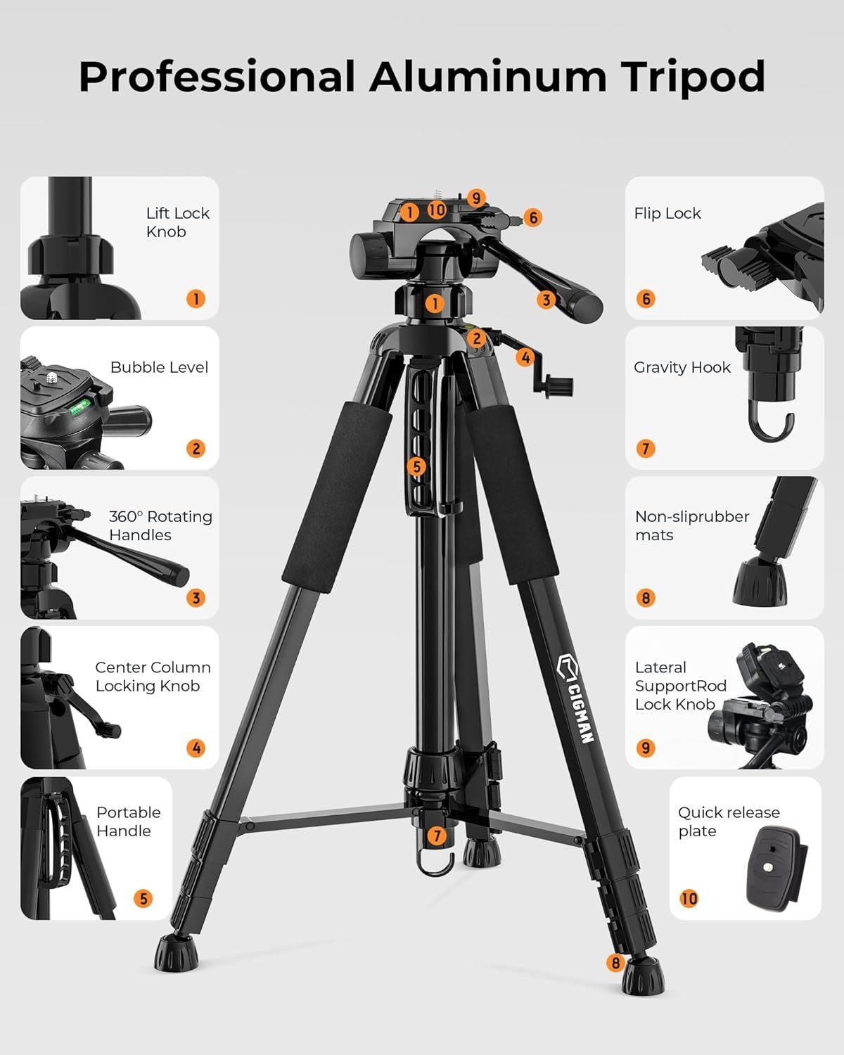 CIGMAN 59-inch Lightweight Adjustable Laser Level Tripod with 3-Way Swivel Pan Head, Bubble Level, Phone V413-CTP-01