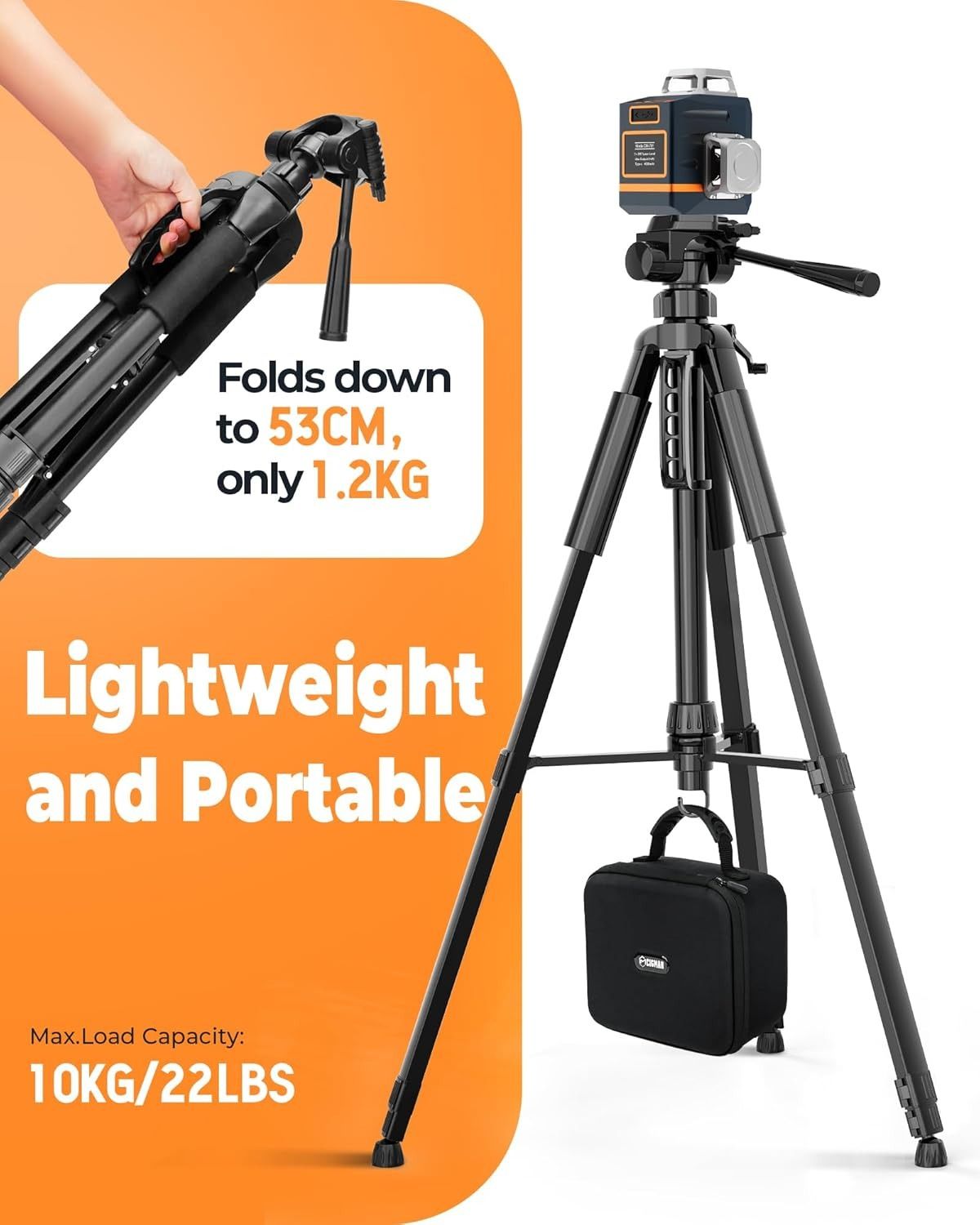 CIGMAN 59-inch Lightweight Adjustable Laser Level Tripod with 3-Way Swivel Pan Head, Bubble Level, Phone V413-CTP-01