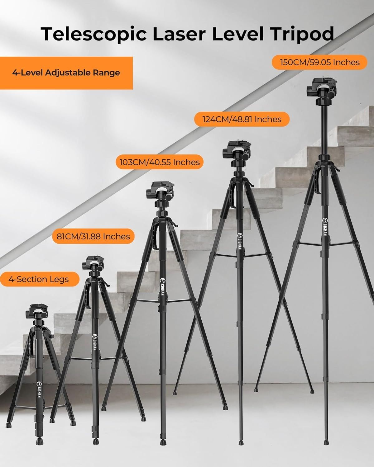 CIGMAN 59-inch Lightweight Adjustable Laser Level Tripod with 3-Way Swivel Pan Head, Bubble Level, Phone V413-CTP-01