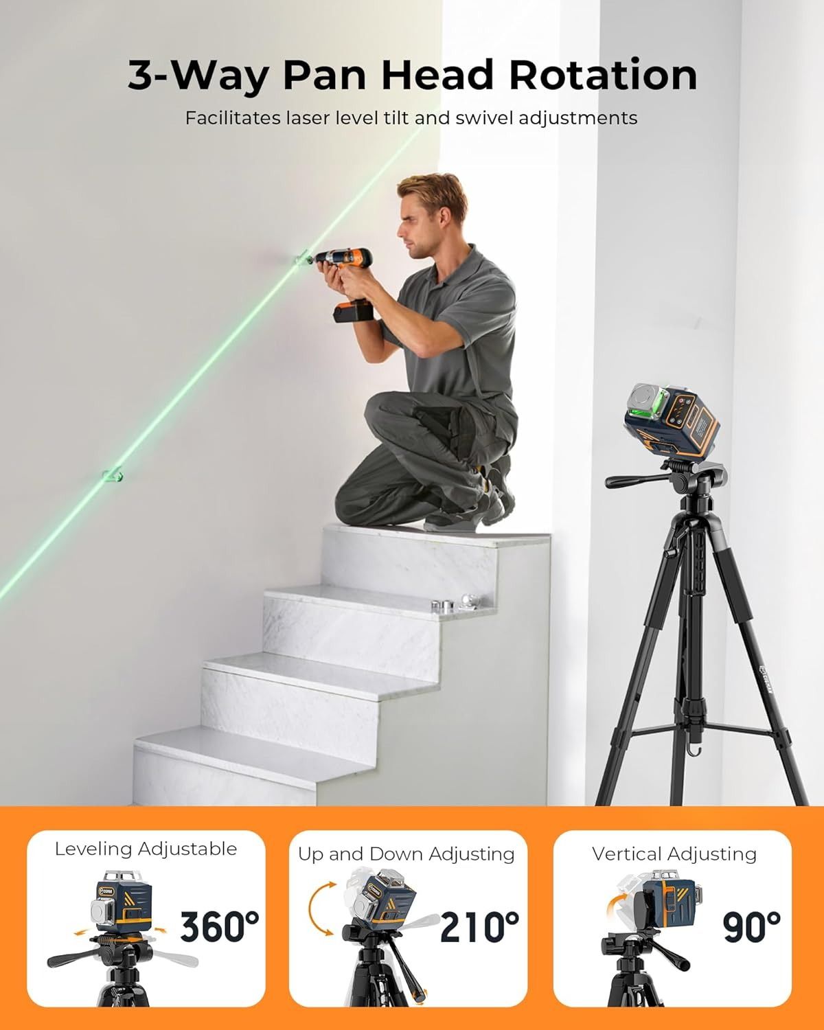 CIGMAN 59-inch Lightweight Adjustable Laser Level Tripod with 3-Way Swivel Pan Head, Bubble Level, Phone V413-CTP-01