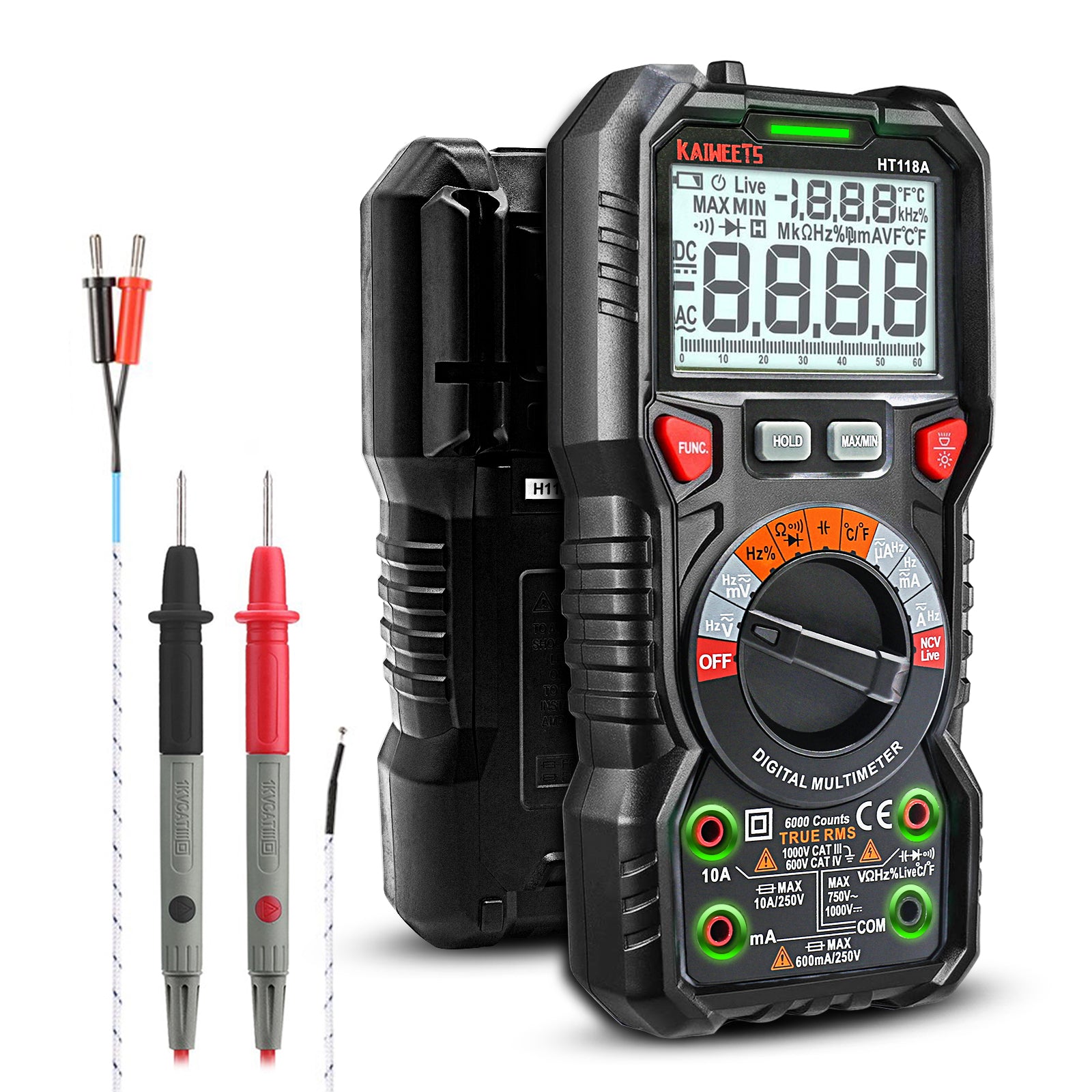 KAIWEETS Digital Multimeter TRMS 6000 Counts Voltmeter Auto-Ranging Fast Accurately Measures Voltage Current V413-HT118A