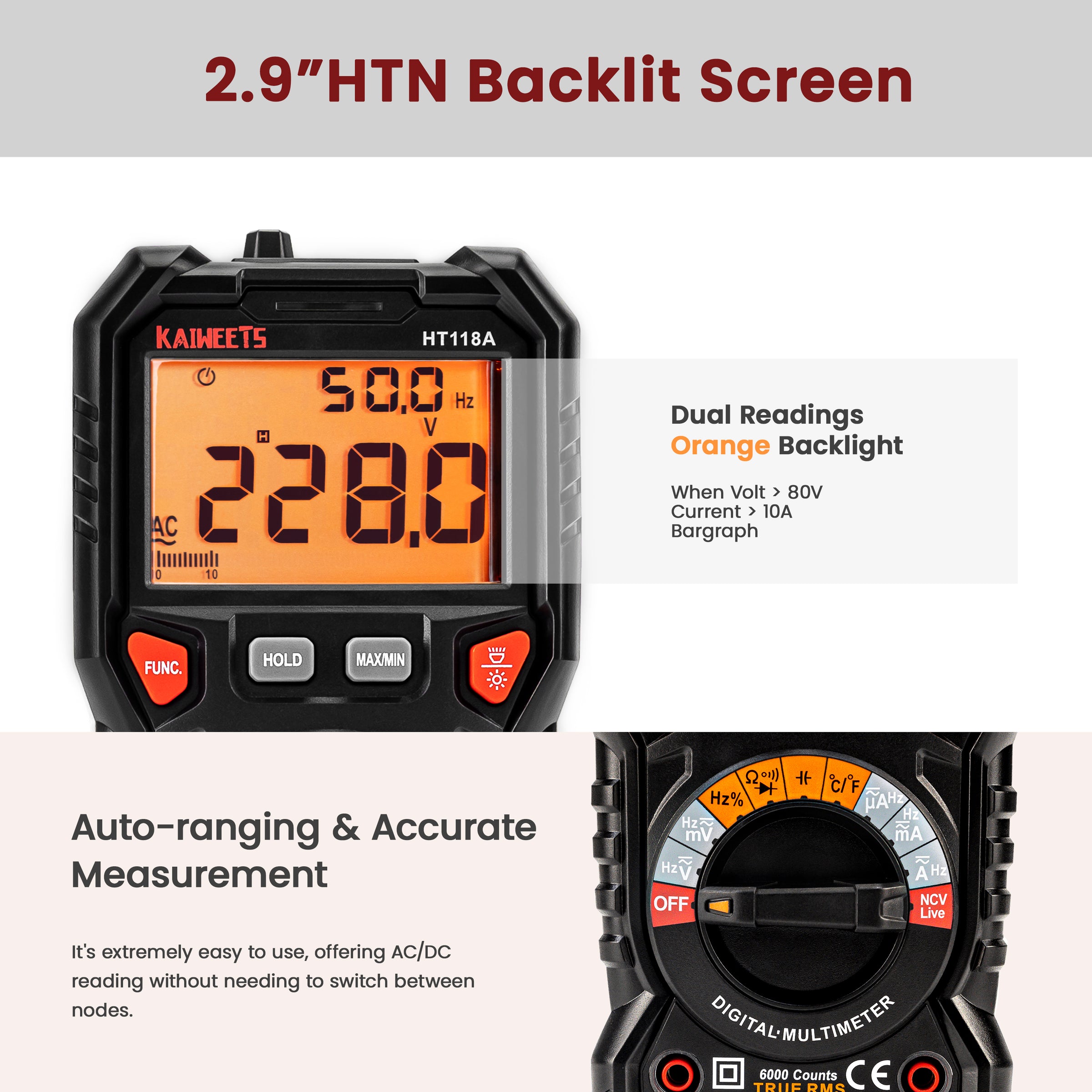 KAIWEETS Digital Multimeter TRMS 6000 Counts Voltmeter Auto-Ranging Fast Accurately Measures Voltage Current V413-HT118A