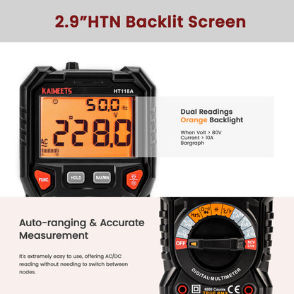KAIWEETS Digital Multimeter TRMS 6000 Counts Voltmeter Auto-Ranging Fast Accurately Measures Voltage Current V413-HT118A