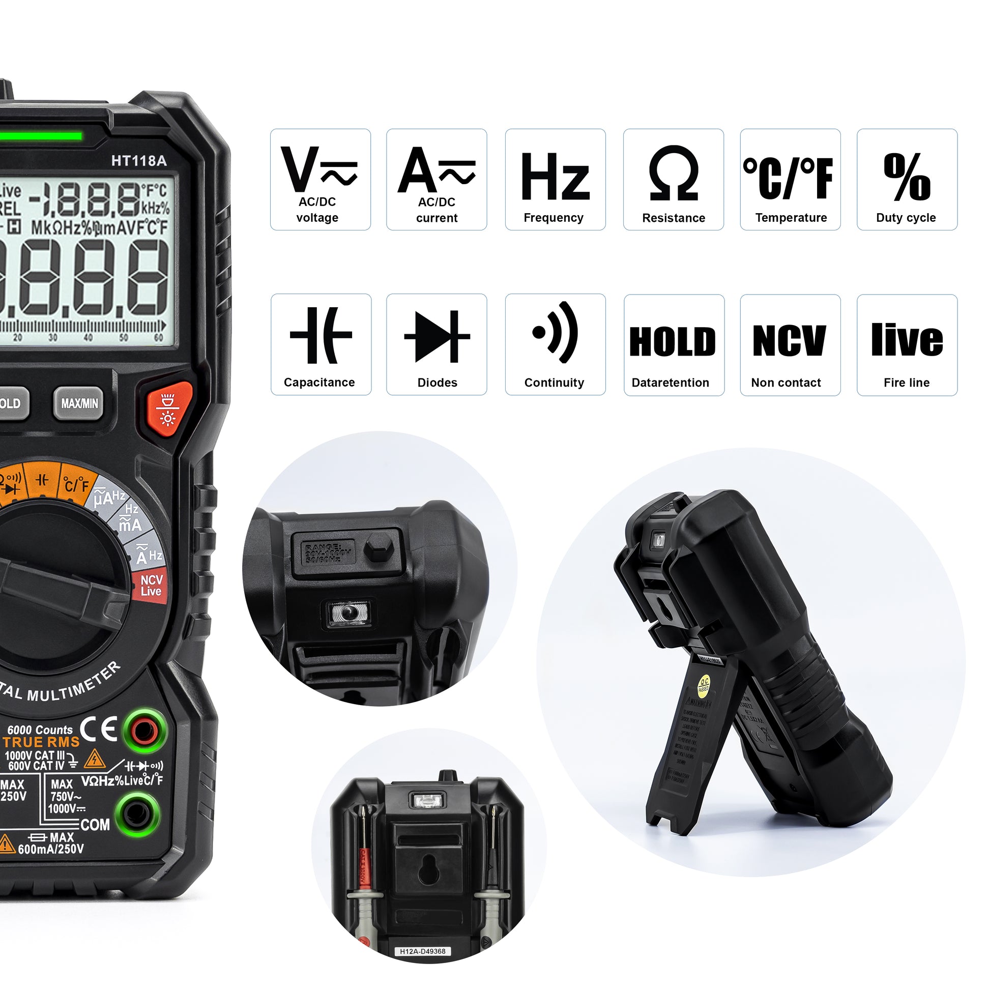 KAIWEETS Digital Multimeter TRMS 6000 Counts Voltmeter Auto-Ranging Fast Accurately Measures Voltage Current V413-HT118A