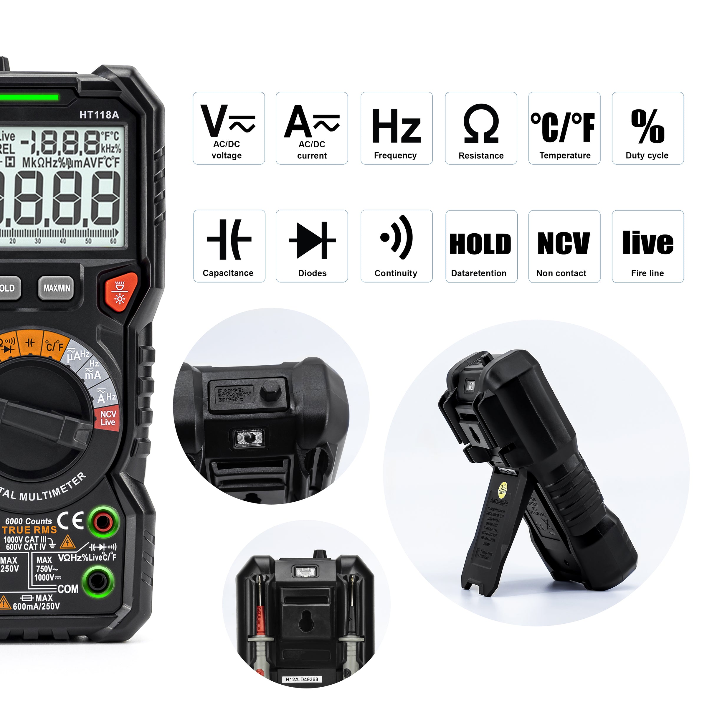 KAIWEETS Digital Multimeter TRMS 6000 Counts Voltmeter Auto-Ranging Fast Accurately Measures Voltage Current V413-HT118A