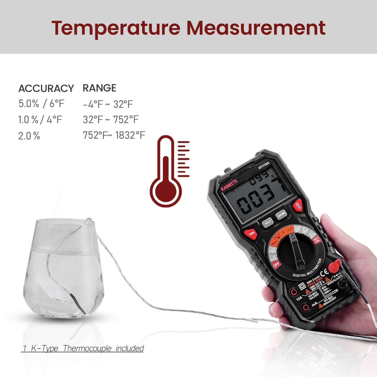 KAIWEETS Digital Multimeter TRMS 6000 Counts Voltmeter Auto-Ranging Fast Accurately Measures Voltage Current V413-HT118A