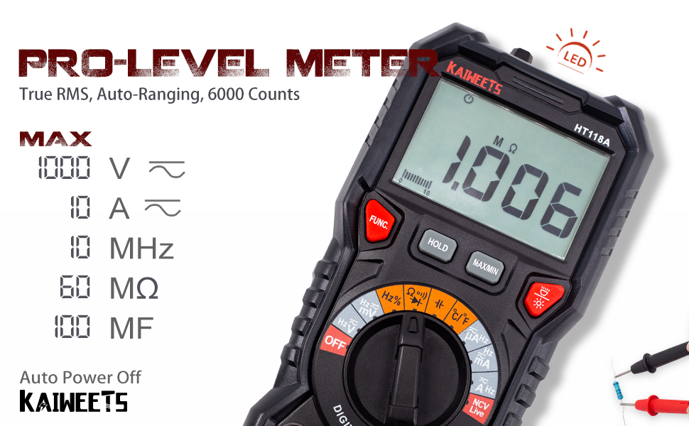 KAIWEETS Digital Multimeter TRMS 6000 Counts Voltmeter Auto-Ranging Fast Accurately Measures Voltage Current V413-HT118A
