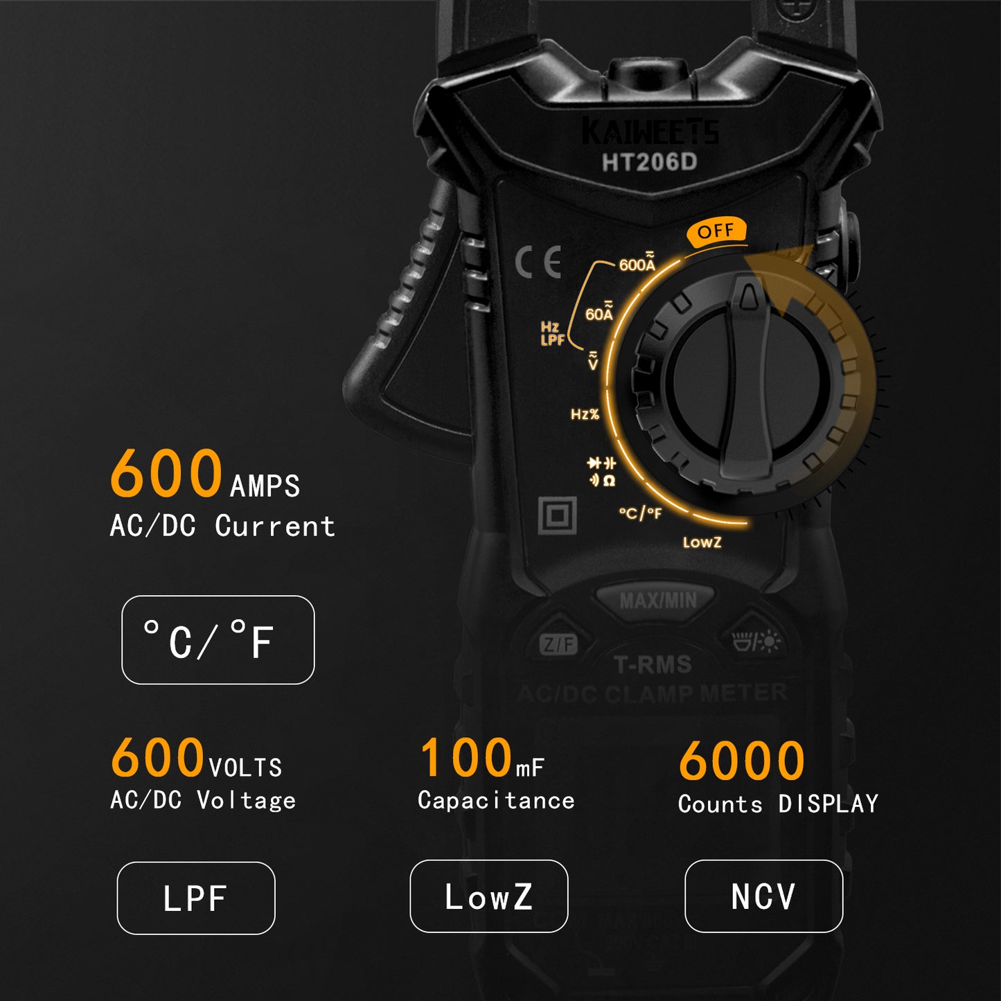 KAIWEETS HT206D Digital Clamp Meter T-RMS 6000 Counts, Multimeter Voltage Tester Auto-ranging, Measures V413-HT206D