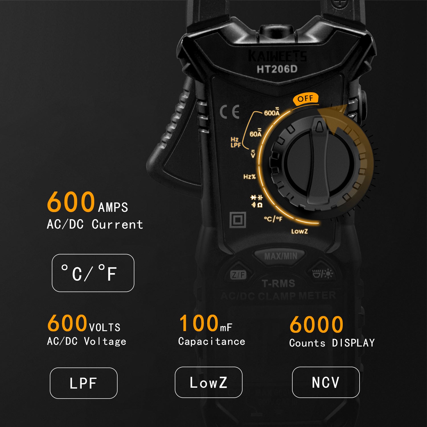 KAIWEETS HT206D Digital Clamp Meter T-RMS 6000 Counts, Multimeter Voltage Tester Auto-ranging, Measures V413-HT206D