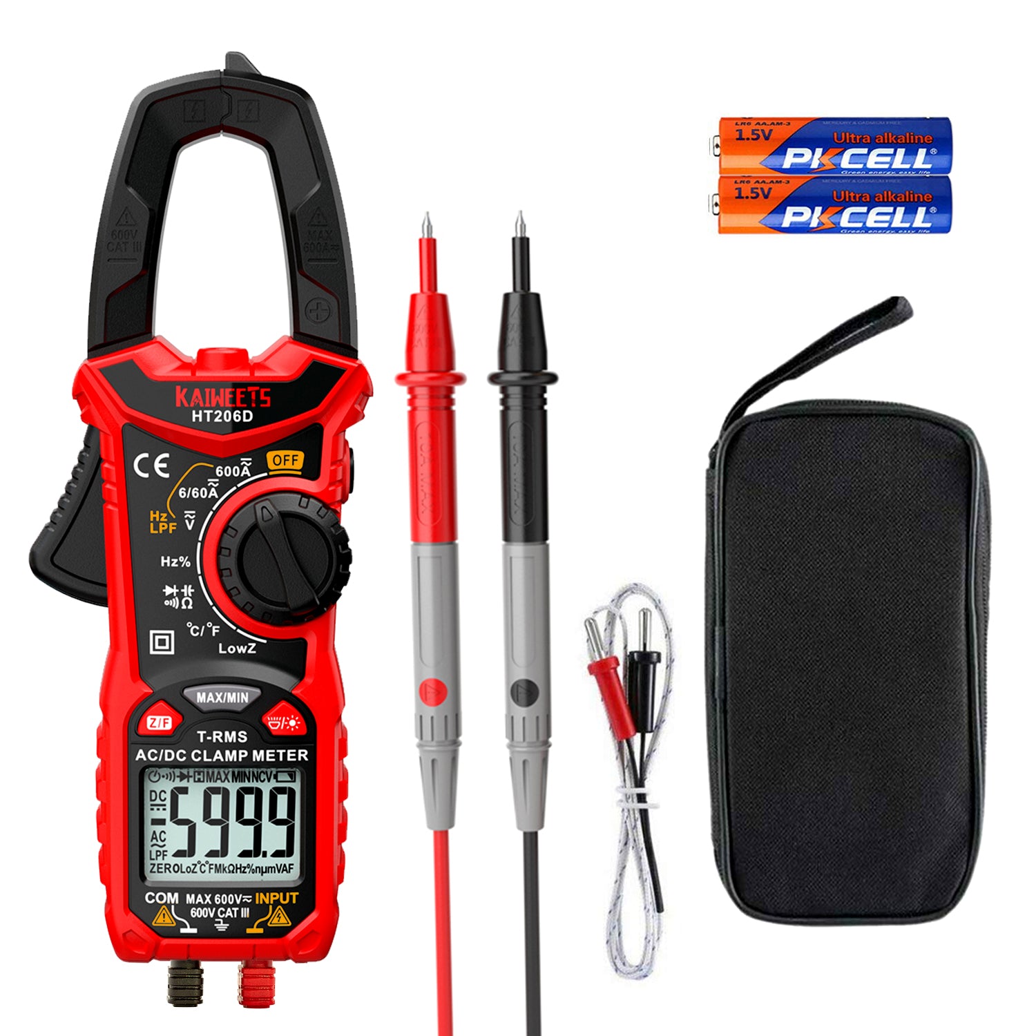 KAIWEETS HT206D Digital Clamp Meter T-RMS 6000 Counts, Multimeter Voltage Tester Auto-ranging, Measures V413-HT206D