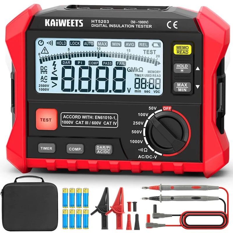 KAIWEETS Megohmmeter, Insulation Resistance Tester, Up to 100Gohm, 50V/100V/250V/500V/1000V, One-Touch V413-KE1000