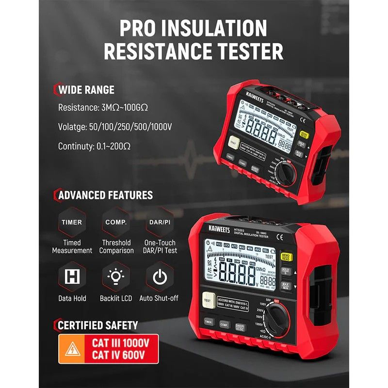 KAIWEETS Megohmmeter, Insulation Resistance Tester, Up to 100Gohm, 50V/100V/250V/500V/1000V, One-Touch V413-KE1000