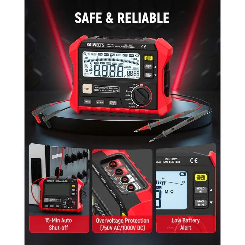 KAIWEETS Megohmmeter, Insulation Resistance Tester, Up to 100Gohm, 50V/100V/250V/500V/1000V, One-Touch V413-KE1000