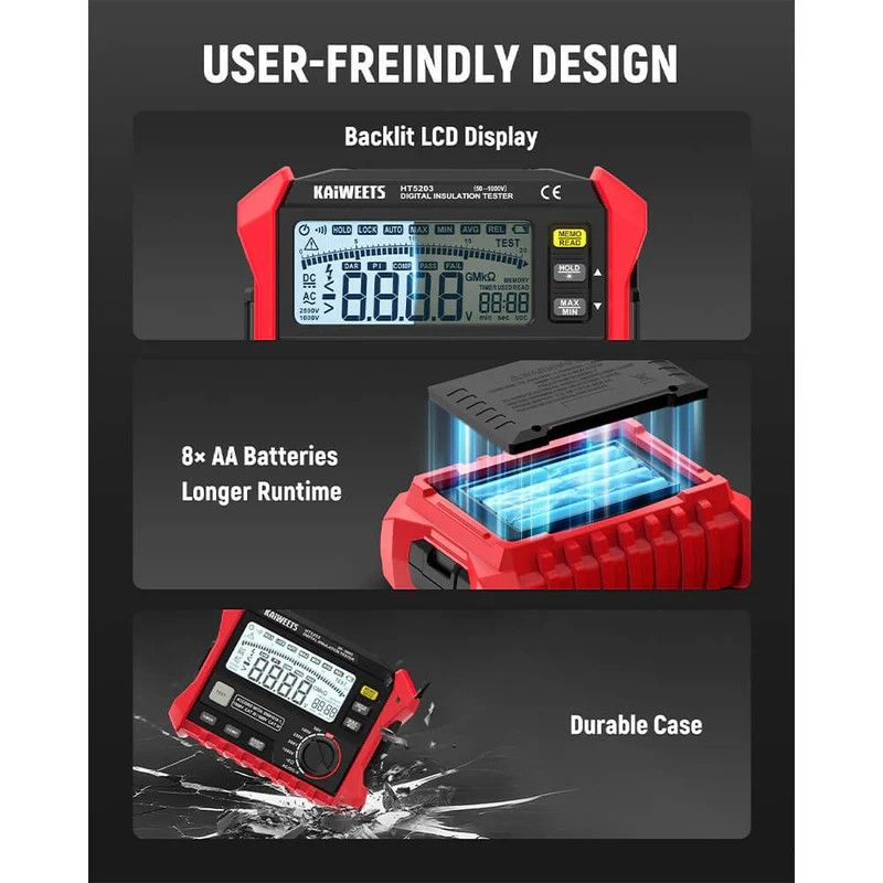 KAIWEETS Megohmmeter, Insulation Resistance Tester, Up to 100Gohm, 50V/100V/250V/500V/1000V, One-Touch V413-KE1000