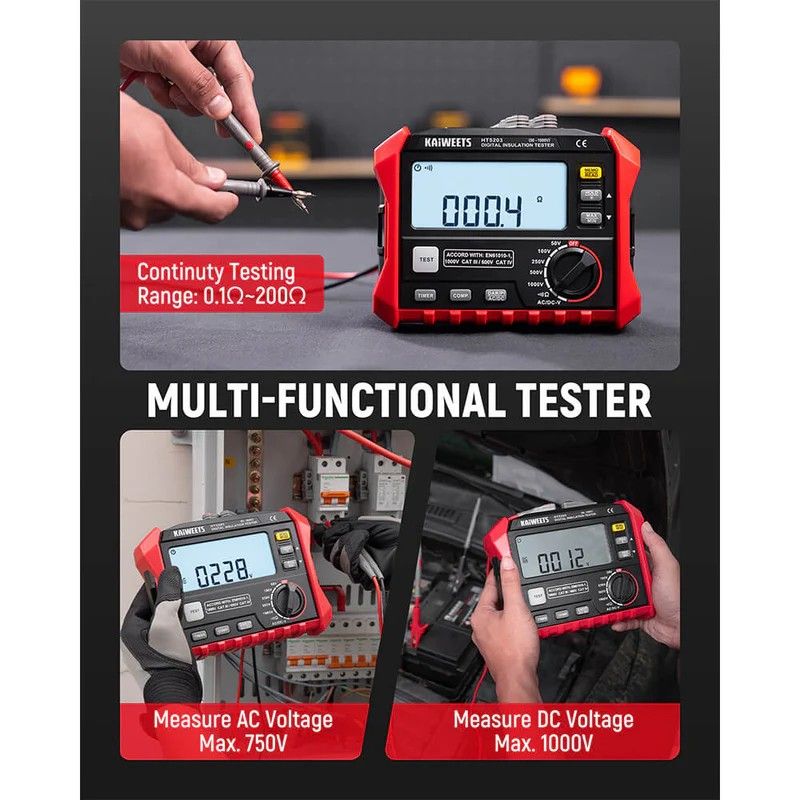 KAIWEETS Megohmmeter, Insulation Resistance Tester, Up to 100Gohm, 50V/100V/250V/500V/1000V, One-Touch V413-KE1000