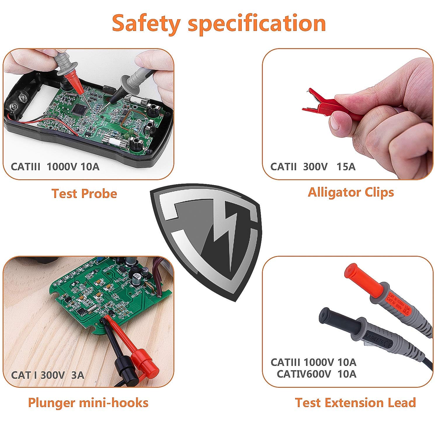 KAIWEETS Soft Silicone Electrician Test Leads Kit CAT III 1000V & CAT IV 600V with Alligator Clips and Needle V413-KET01