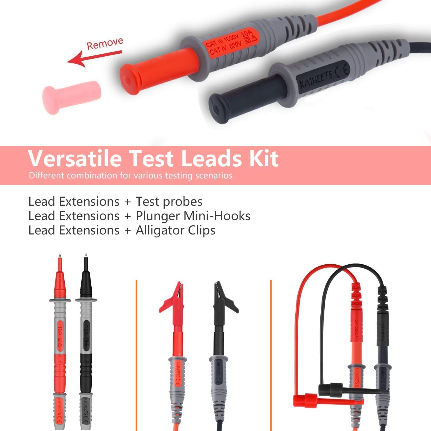 KAIWEETS Soft Silicone Electrician Test Leads Kit CAT III 1000V & CAT IV 600V with Alligator Clips and Needle V413-KET01