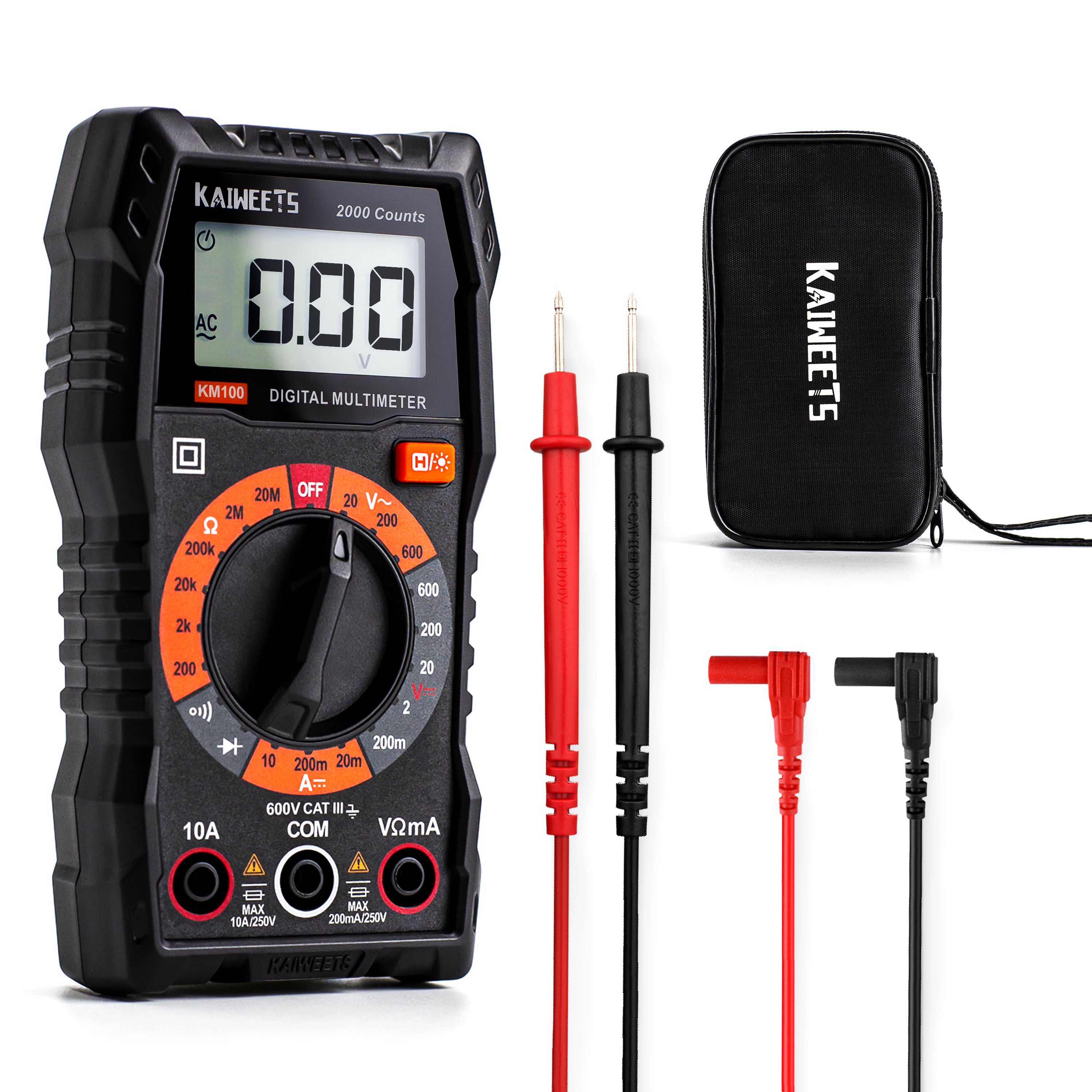 KAIWEETS Digital Multimeter with Case, DC AC Voltmeter, Ohm Volt Amp Test Meter and Continuity Test Diode V413-KM100