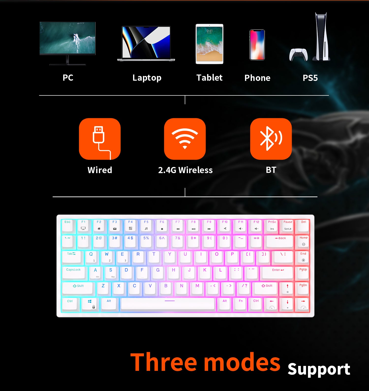ROYAL KLUDGE RK84 Wireless Hot Swap Black 65% Mechanical Keyboard, Brown Switch V413-RK84-3M-BLACK-BROWNSW
