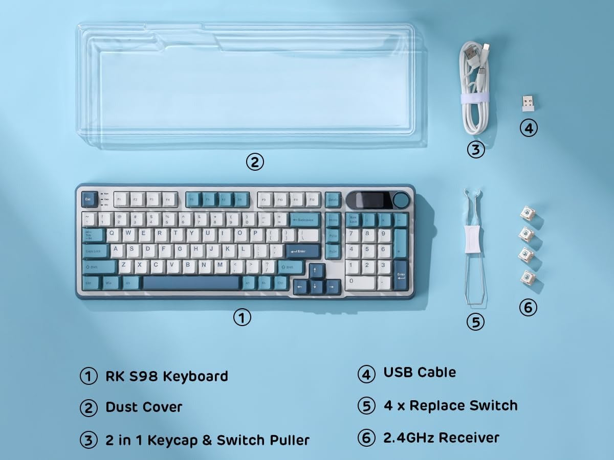 RK ROYAL KLUDGE S98 Mechanical Keyboard w/Smart Display & Knob, Top Mount 96% Wireless Mechanical Keyboard V413-RKS98-CL-CSWITCH