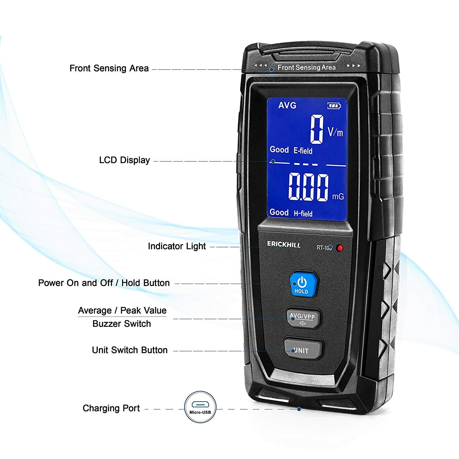 ERICKHILL EMF Meter Digital Electromagnetic Field Radiation Detector Machine V413-RT-100