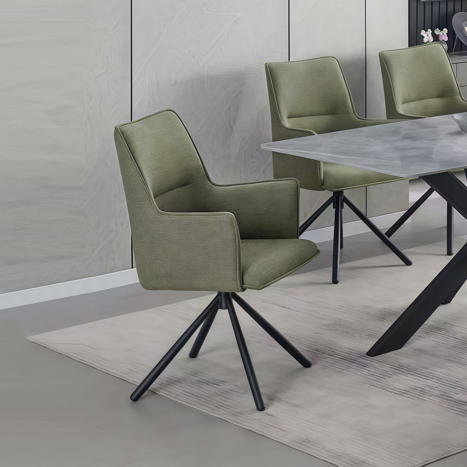 Dining Chair Green Linen Fabric Upholstered Seat Powder Coated Iron Legs V43-AC-JCOB