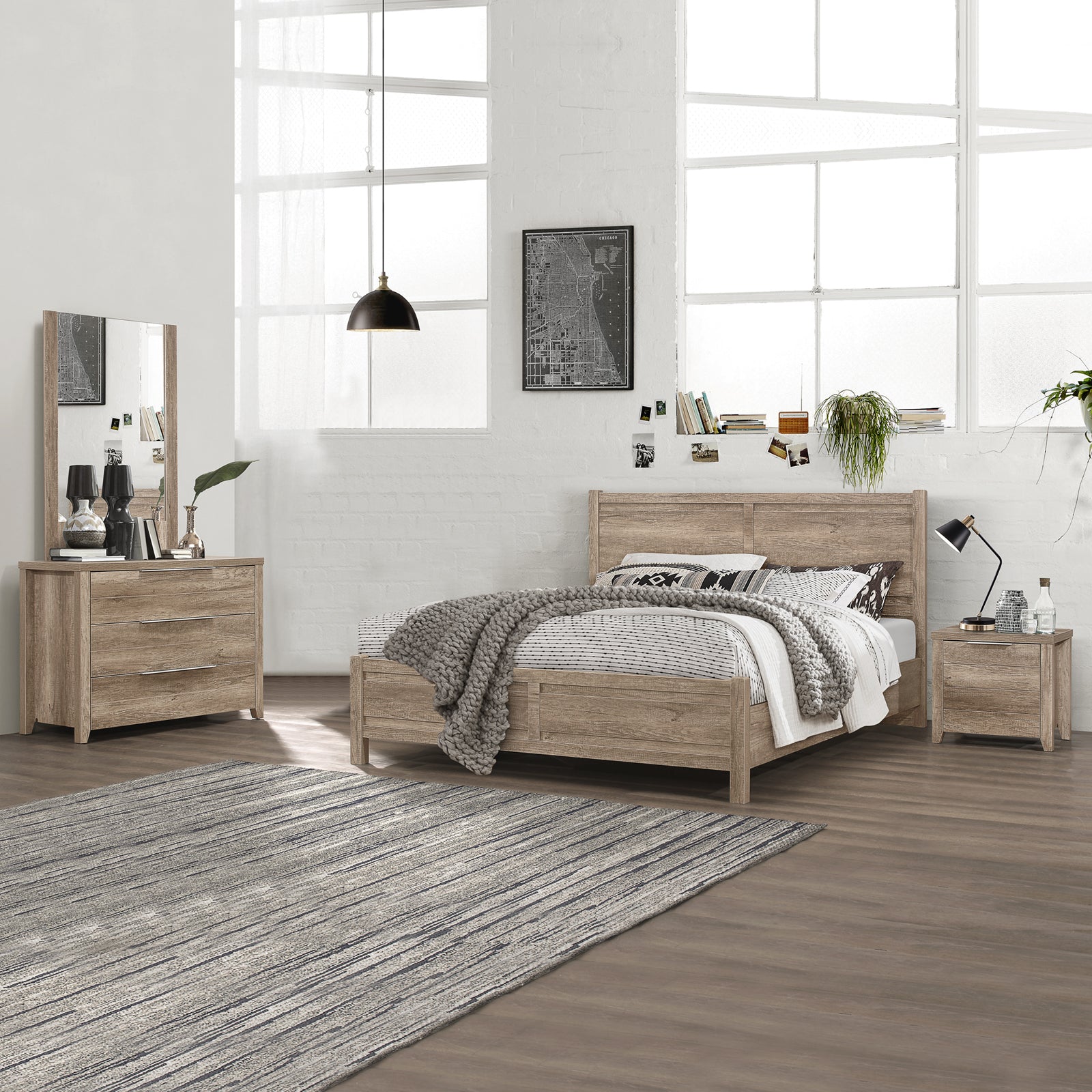 4 Pieces Bedroom Suite Natural Wood Like MDF Structure Queen Size Oak Colour Bed, Bedside Table & Tallboy V43-BDS-CEL-4PC-TBY-Q-OAK