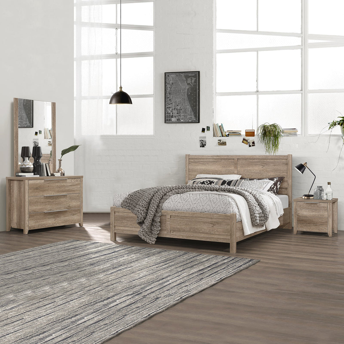 4 Pieces Bedroom Suite Natural Wood Like MDF Structure Queen Size Oak Colour Bed, Bedside Table & Tallboy V43-BDS-CEL-4PC-TBY-Q-OAK
