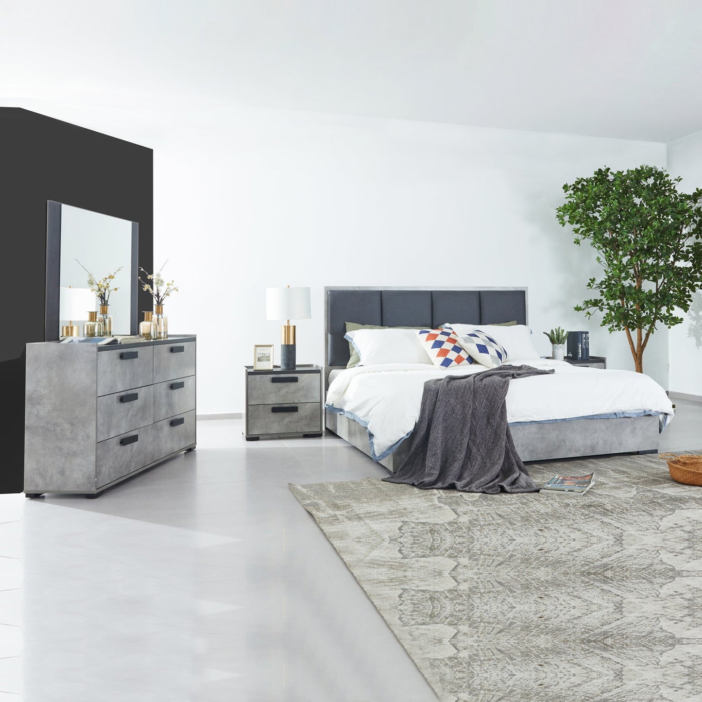 Queen 4 Pcs Bedroom Suite with Tallboy Fabric Upholstery MDF Combination of Black & Cement Colour V43-BDS-COP-4PC-TBY