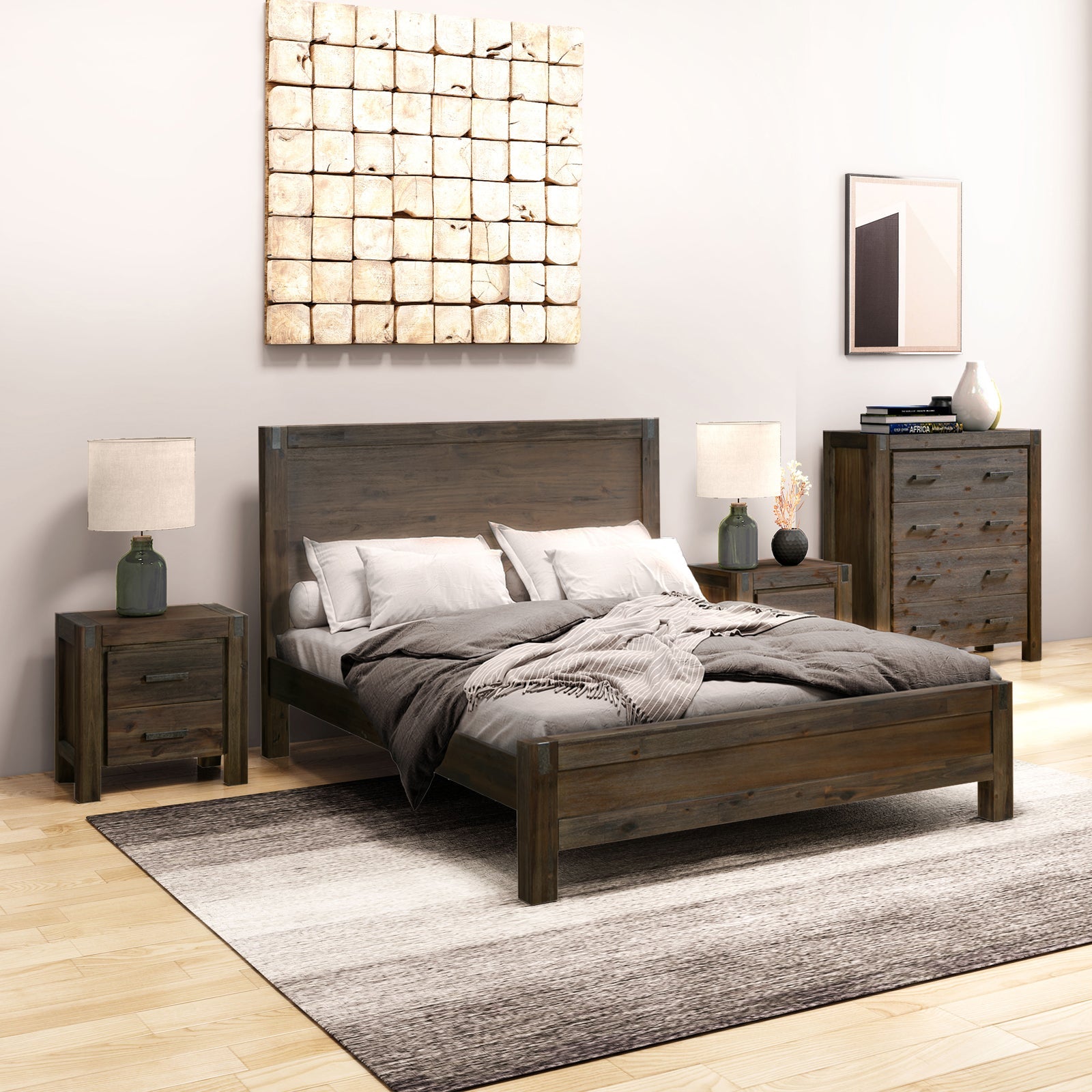 4 Pieces Bedroom Suite in Solid Wood Veneered Acacia Construction Timber Slat Queen Size Chocolate Colour Bed, Bedside Table & Tallboy