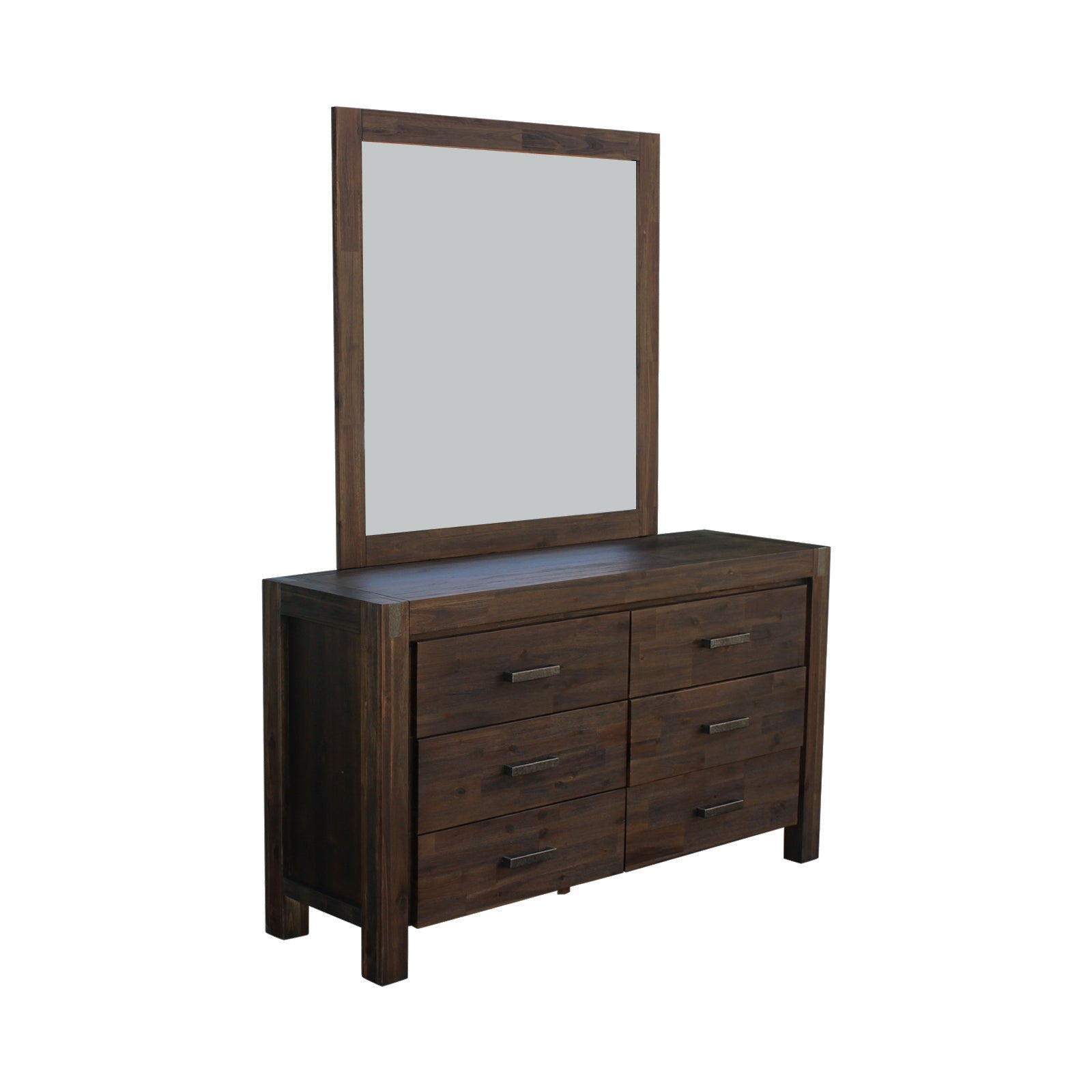 5 Pieces Bedroom Suite in Solid Wood Veneered Acacia Construction Timber Slat Double Size Chocolate Colour Bed, Bedside Table, Tallboy & Dresser