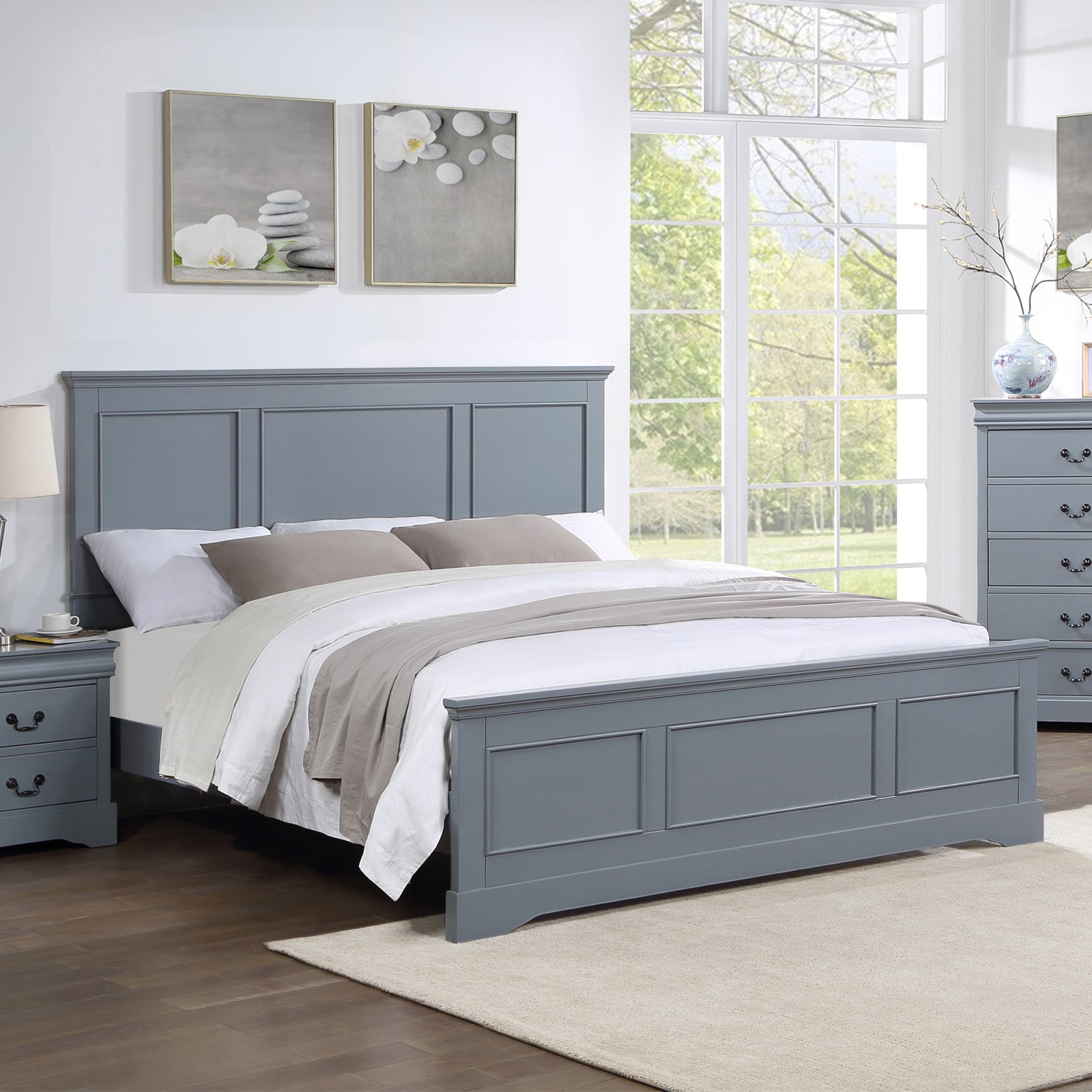 4 Pieces Bedroom Suite in Solid Wood & MDF Queen Size Grey Colour Bed, Bedside Table & Tallboy V43-BDS-SPNC-4PC-TBY-Q