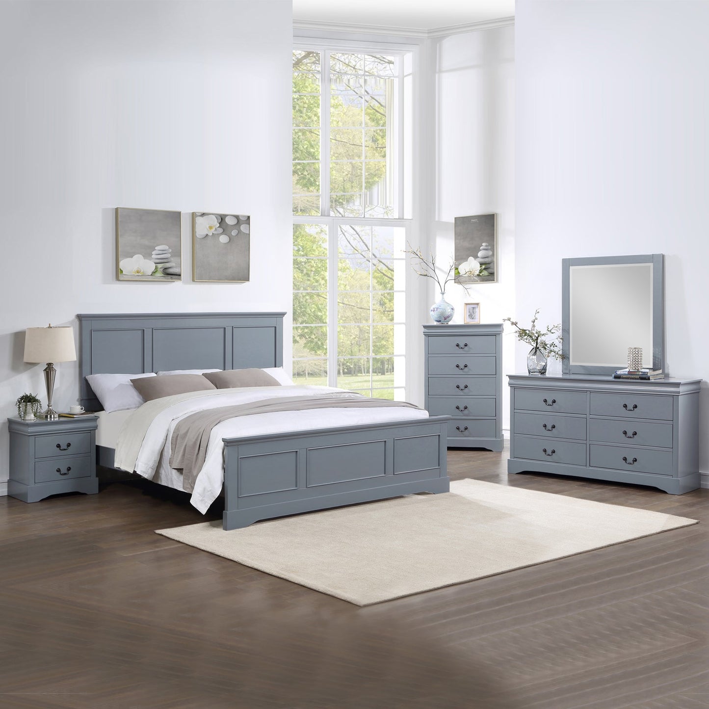5 Pieces Bedroom Suite in Solid Wood & MDF Queen Size Grey Colour Bed, Bedside Table, Dresser & Tallboy V43-BDS-SPNC-5PC-TBY-DRS-Q