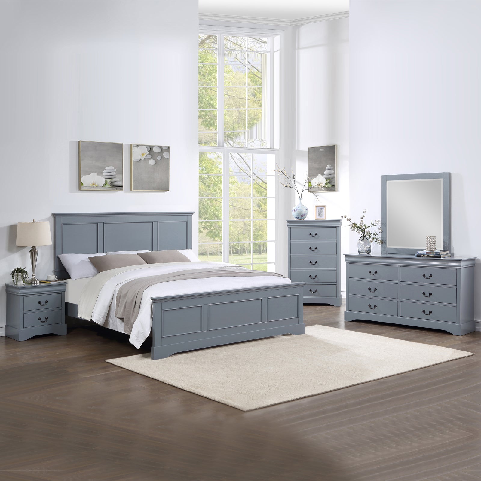 5 Pieces Bedroom Suite in Solid Wood & MDF Queen Size Grey Colour Bed, Bedside Table, Dresser & Tallboy V43-BDS-SPNC-5PC-TBY-DRS-Q