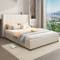 King Size High Rise Headboard Linen Beige Fabric Four MDF Drawers with Wheels Bed Frame V43-BED-ALEX-KBG
